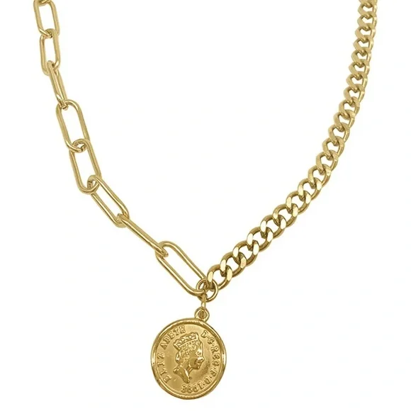 NWOT Adornia Mixed Chain Coin Necklace OS in Yellow Gold - Picture 1 of 6